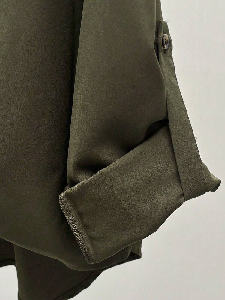 INAWLY Women's Casual Layered Design Cuffed Sleeve Collared Shirt - Army Green - View 6