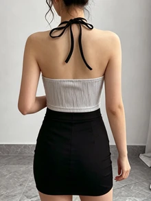 Zyxie Atasan Seksi Musim Panas dengan Tali Bahu Tipis, Putih dan Hitam, Tanpa Punggung, Kain Bertekstur, Cocok untuk Pantai, Pergi Keluar Malam Hari - Putih - View 3