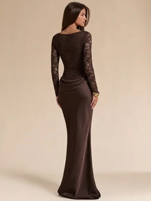 SHEIN BAE Sweetheart Neck Lace Bodice Maxi Dress - Brown - View 2