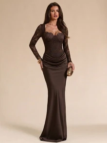 SHEIN BAE Sweetheart Neck Lace Bodice Maxi Dress - Brown - View 7