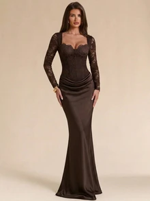 SHEIN BAE Sweetheart Neck Lace Bodice Maxi Dress - Brown - View 1