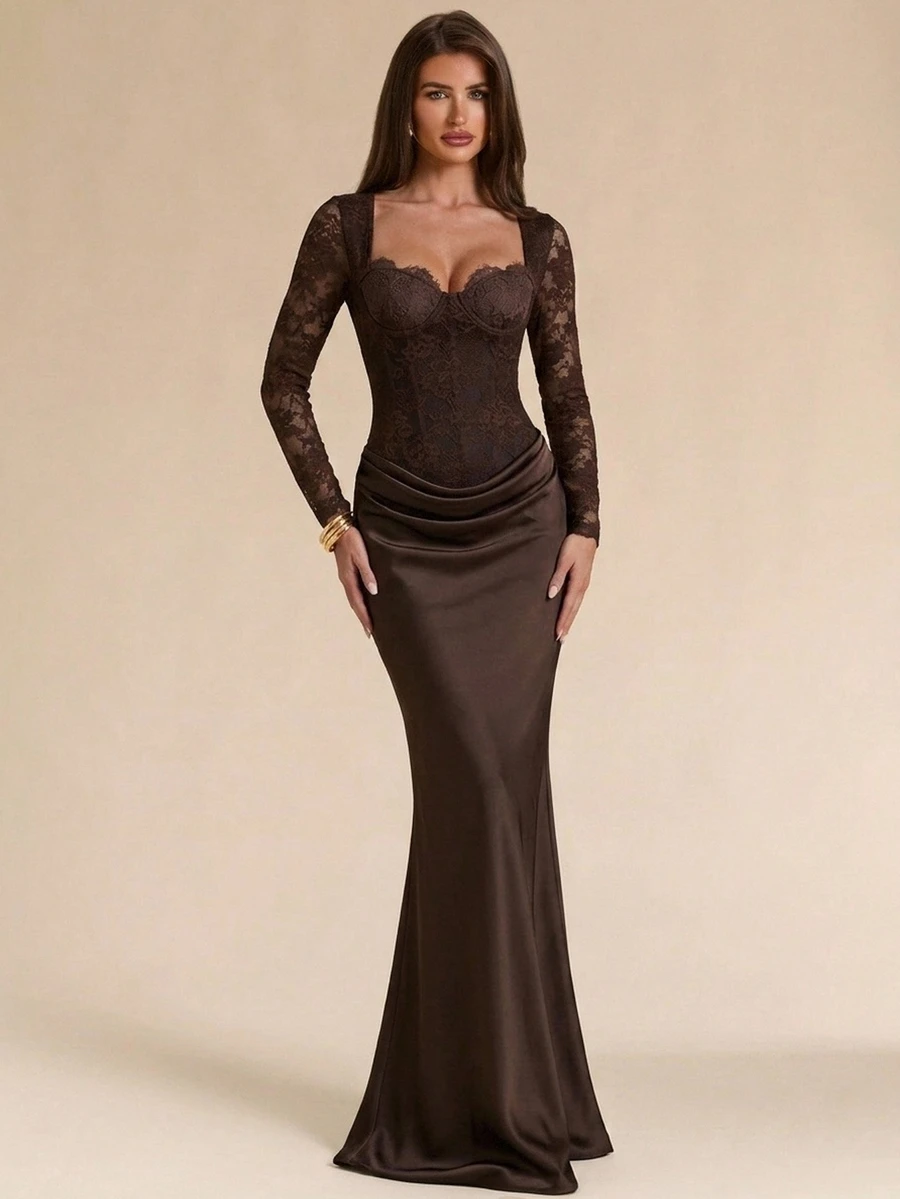 SHEIN BAE Sweetheart Neck Lace Bodice Maxi Dress - Brown - View 1