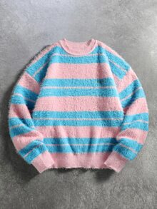 ROMWE MEN 彩色條紋短版抓絨套頭長袖男士毛衣 - 彩色 - 查看 4