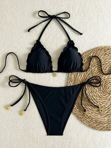 Swim Basics 女士夏季度假金色太阳装饰黑色比基尼套装、沙滩装 - 黑色 - 查看 4