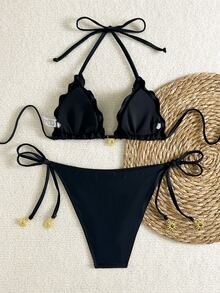 Swim Basics 女士夏季度假金色太阳装饰黑色比基尼套装、沙滩装 - 黑色 - 查看 5