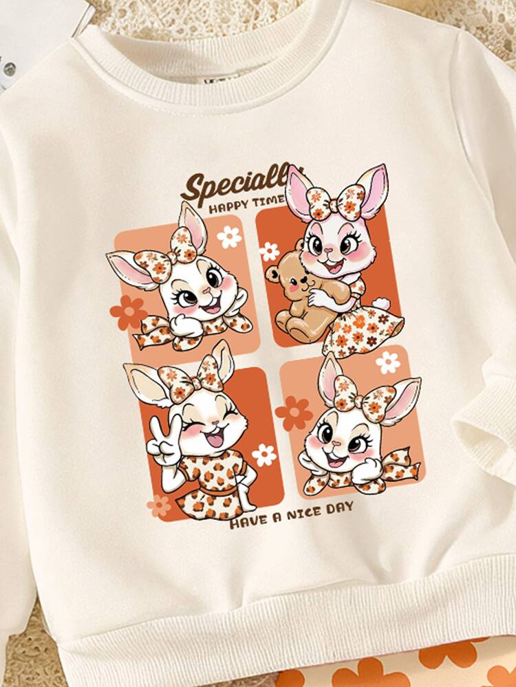 (1 Set)Halloween Autumn/Winter Young Girls Fresh Cute Cartoon Rabbit Orange Flower Bow Teddy Bear Letter Print Crew Neck Sweatshirt With Leggings - Multicolor - View 4