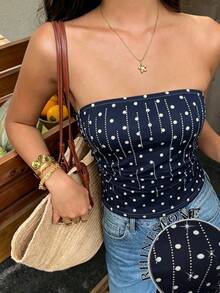 Zyxie Women's Summer Fashion Casual Sexy Rave Vacation Style Navy Blue Polka Dot Print Rhinestone Embellished Fitted Cropped Tube Top Club Night Out Party - Blue and White - View 7