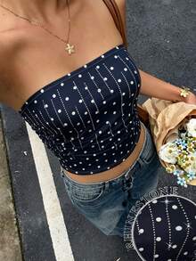 Zyxie Women's Summer Fashion Casual Sexy Rave Vacation Style Navy Blue Polka Dot Print Rhinestone Embellished Fitted Cropped Tube Top Club Night Out Party - Blue and White - View 3