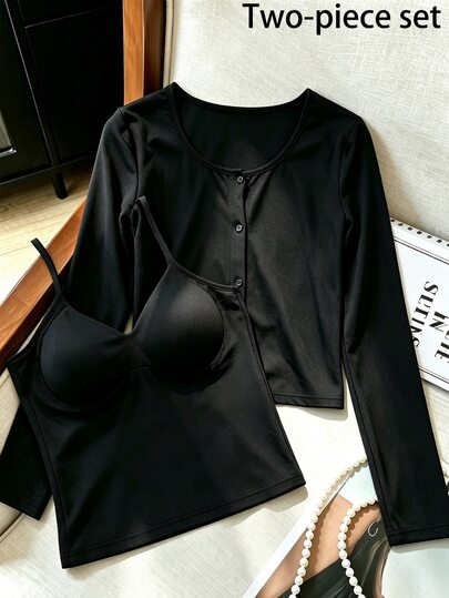 SHEIN Franclia Setelan 2 Potong Hitam Lembut, Kardigan Rajut Lengan Panjang Leher V dengan Kamisol Berbantalan, Pakaian Sehari-hari Serbaguna, Minimalis yang Melangsingkan, Pakaian Kerja Wanita, Atasan untuk Keluar Rumah Wanita