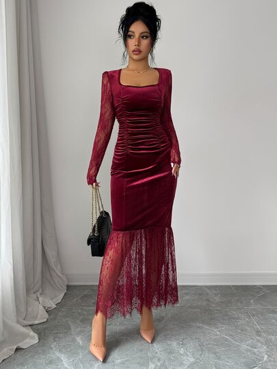 Elenzga Women's Vintage Velvet Square Neck Ruched Waist Dress With Lace Long Sleeve Patchwork Mermaid Hem Slim Fit Bodycon Evening Gown