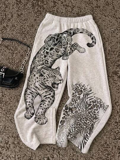 SHEIN EZwear Women's Casual Streetwear Free People Inspired Alt Low Waist Straight Leg Sports Pants Unique Vintage Leopard Print Everyday Ibiza Light Grey Summer