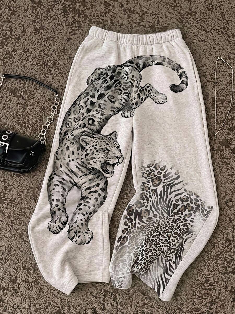 SHEIN EZwear 女款休閒街頭風 Free People 風格 Alt 低腰直筒運動長褲，獨特復古豹紋，日常穿搭，Ibiza 風情，淺灰色，夏季款 - 彩色 - 查看 1