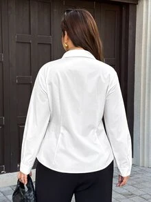 Easura Women's Plus Size Long Sleeve Turn Collar Ribbon Decor Ruched Slim Fit Sweet Outdoor Commute Academy Style Blouse - White - View 2