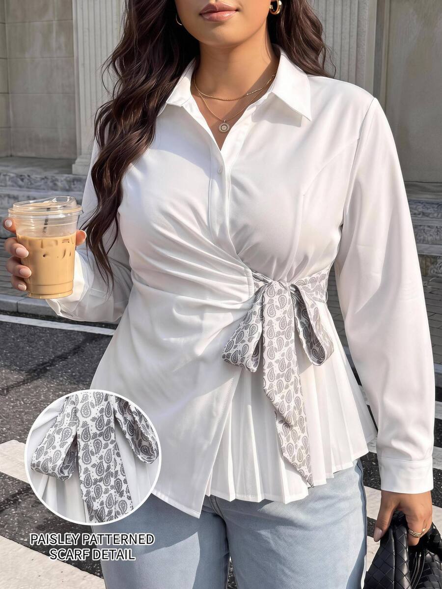 Easura Women's Plus Size Long Sleeve Turn Collar Ribbon Decor Ruched Slim Fit Sweet Outdoor Commute Academy Style Blouse - White - View 1