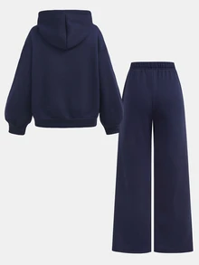 SHEIN Girlism 青少年女孩連帽衛衣與運動衫套裝 秋冬新款 皇家藍 梭織標籤 保暖內裡 休閒寬鬆連帽衛衣套裝 - 寶藍色 - 查看 2