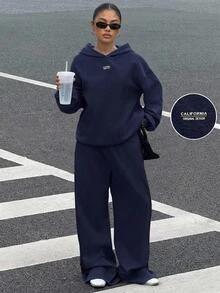 SHEIN Girlism 青少年女孩連帽衛衣與運動衫套裝 秋冬新款 皇家藍 梭織標籤 保暖內裡 休閒寬鬆連帽衛衣套裝 - 寶藍色 - 查看 3