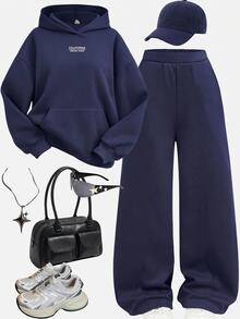 SHEIN Girlism 青少年女孩連帽衛衣與運動衫套裝 秋冬新款 皇家藍 梭織標籤 保暖內裡 休閒寬鬆連帽衛衣套裝 - 寶藍色 - 查看 1