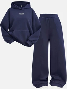 SHEIN Girlism 青少年女孩連帽衛衣與運動衫套裝 秋冬新款 皇家藍 梭織標籤 保暖內裡 休閒寬鬆連帽衛衣套裝 - 寶藍色 - 查看 8