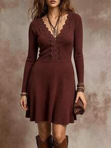 Linhara CURVE Gaun Rajut Elegan dan Kasual untuk Wanita Ukuran Besar, Cocok untuk Musim Gugur. - Burgundy - View 3