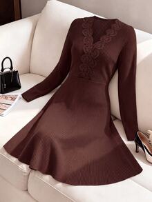 Linhara CURVE Gaun Rajut Elegan dan Kasual untuk Wanita Ukuran Besar, Cocok untuk Musim Gugur. - Burgundy - View 4