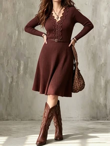 Linhara CURVE Gaun Rajut Elegan dan Kasual untuk Wanita Ukuran Besar, Cocok untuk Musim Gugur. - Burgundy - View 6