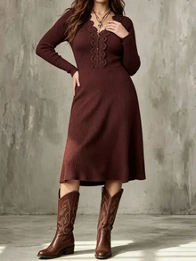 Linhara CURVE Gaun Rajut Elegan dan Kasual untuk Wanita Ukuran Besar, Cocok untuk Musim Gugur. - Burgundy - View 5