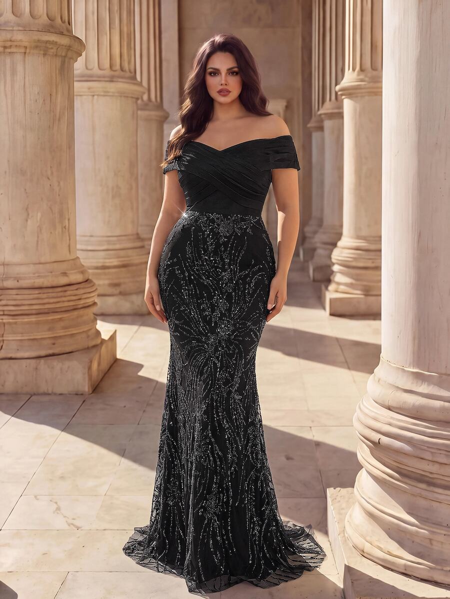 Coutiva Plus Size Women Off Shoulder Patchwork Sequin Mermaid Hemline Glamorous Formal Evening Gown (Heavy Workmanship) - Black - View 1