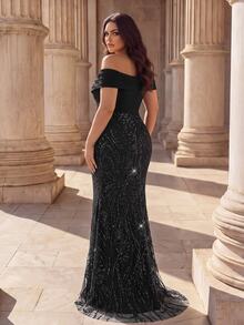 Coutiva Plus Size Women Off Shoulder Patchwork Sequin Mermaid Hemline Glamorous Formal Evening Gown (Heavy Workmanship) - Black - View 3