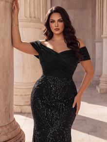 Coutiva Plus Size Women Off Shoulder Patchwork Sequin Mermaid Hemline Glamorous Formal Evening Gown (Heavy Workmanship) - Black - View 6