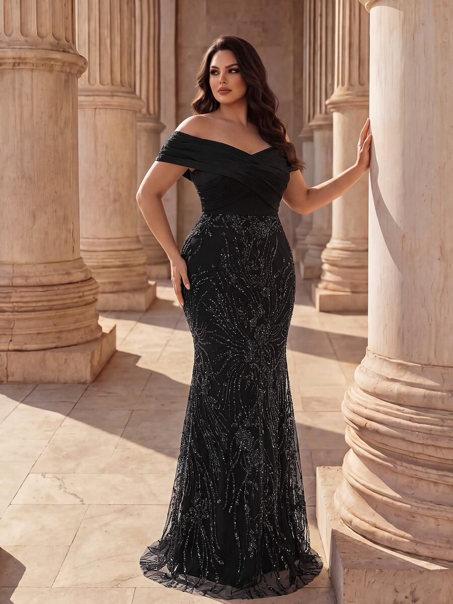 Coutiva Plus Size Women Off Shoulder Patchwork Sequin Mermaid Hemline Glamorous Formal Evening Gown (Heavy Workmanship) - Black - View 1