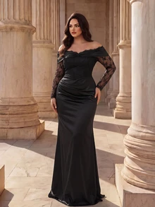 Coutiva Plus Size Lace Patchwork Satin Off-Shoulder Long Sleeve Maxi Formal Evening Gown (Heavy Embellishment Style) - Black - View 4