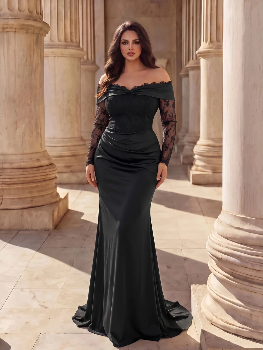 Coutiva Plus Size Lace Patchwork Satin Off-Shoulder Long Sleeve Maxi Formal Evening Gown (Heavy Embellishment Style) - Black - View 1