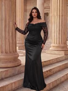 Coutiva Plus Size Lace Patchwork Satin Off-Shoulder Long Sleeve Maxi Formal Evening Gown (Heavy Embellishment Style) - Black - View 3