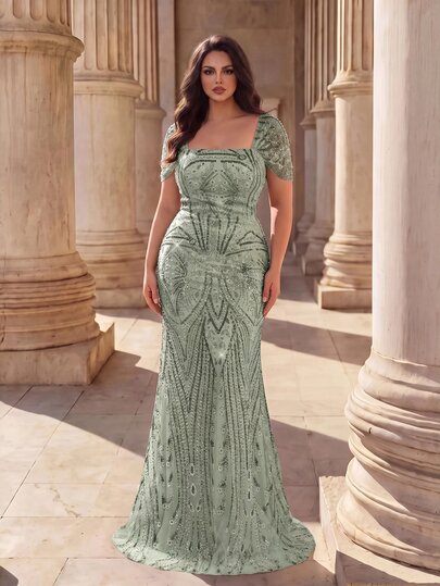 Coutiva Plus Size Elegant Luxury Beaded Rhinestone Contrast Bubble Bead Mermaid Dress, Elegant Evening Dress, Suitable For Cocktail Party, Dance Wedding Guest Dress, Suitable For Graduation Ceremony, Dinner Party