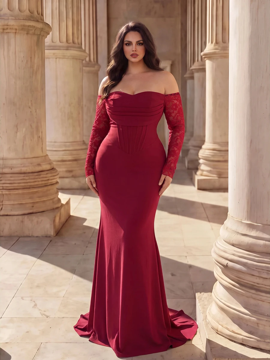 Coutiva Plus Size Women's Contrast Lace Off-Shoulder Long Sleeve Ruched Design Mermaid Hem Elegant Formal Evening Gown (Heavy Workmanship)