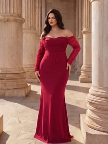Coutiva Plus Size Women's Contrast Lace Off-Shoulder Long Sleeve Ruched Design Mermaid Hem Elegant Formal Evening Gown (Heavy Workmanship) - Burgundy - View 5