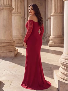 Coutiva Plus Size Women's Contrast Lace Off-Shoulder Long Sleeve Ruched Design Mermaid Hem Elegant Formal Evening Gown (Heavy Workmanship) - Burgundy - View 3