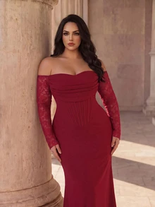 Coutiva Plus Size Women's Contrast Lace Off-Shoulder Long Sleeve Ruched Design Mermaid Hem Elegant Formal Evening Gown (Heavy Workmanship) - Burgundy - View 6