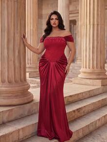 Coutiva Plus Size Women's Faux Pearl Decor Contrast Lace Off-Shoulder Fitted Mermaid Hem Elegant Formal Dinner Evening Gown Wedding Red Winter - Burgundy - View 5