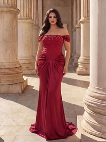 Coutiva Plus Size Women's Faux Pearl Decor Contrast Lace Off-Shoulder Fitted Mermaid Hem Elegant Formal Dinner Evening Gown Wedding Red Winter - Burgundy - View 3