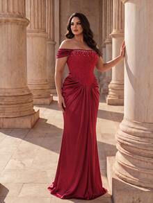 Coutiva Plus Size Women's Faux Pearl Decor Contrast Lace Off-Shoulder Fitted Mermaid Hem Elegant Formal Dinner Evening Gown Wedding Red Winter - Burgundy - View 6