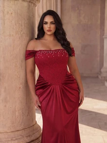 Coutiva Plus Size Women's Faux Pearl Decor Contrast Lace Off-Shoulder Fitted Mermaid Hem Elegant Formal Dinner Evening Gown Wedding Red Winter - Burgundy - View 1