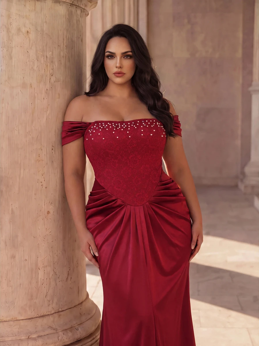 Coutiva Plus Size Women's Faux Pearl Decor Contrast Lace Off-Shoulder Fitted Mermaid Hem Elegant Formal Dinner Evening Gown Wedding Red Winter - Burgundy - View 1