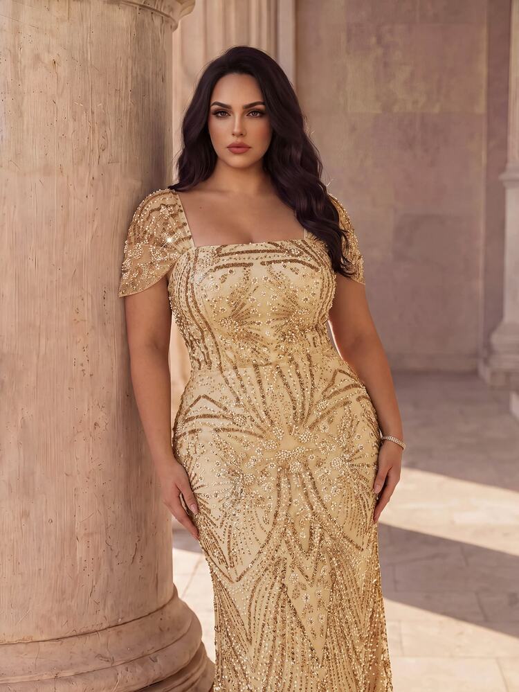 Coutiva Plus Size Elegant Luxury Beaded Rhinestone Contrast Bubble Bead Mermaid Dress, Elegant Evening Dress, Suitable For Cocktail Party, Dance Wedding Guest Dress, Suitable For Graduation Ceremony, Dinner Party - Gold - View 6