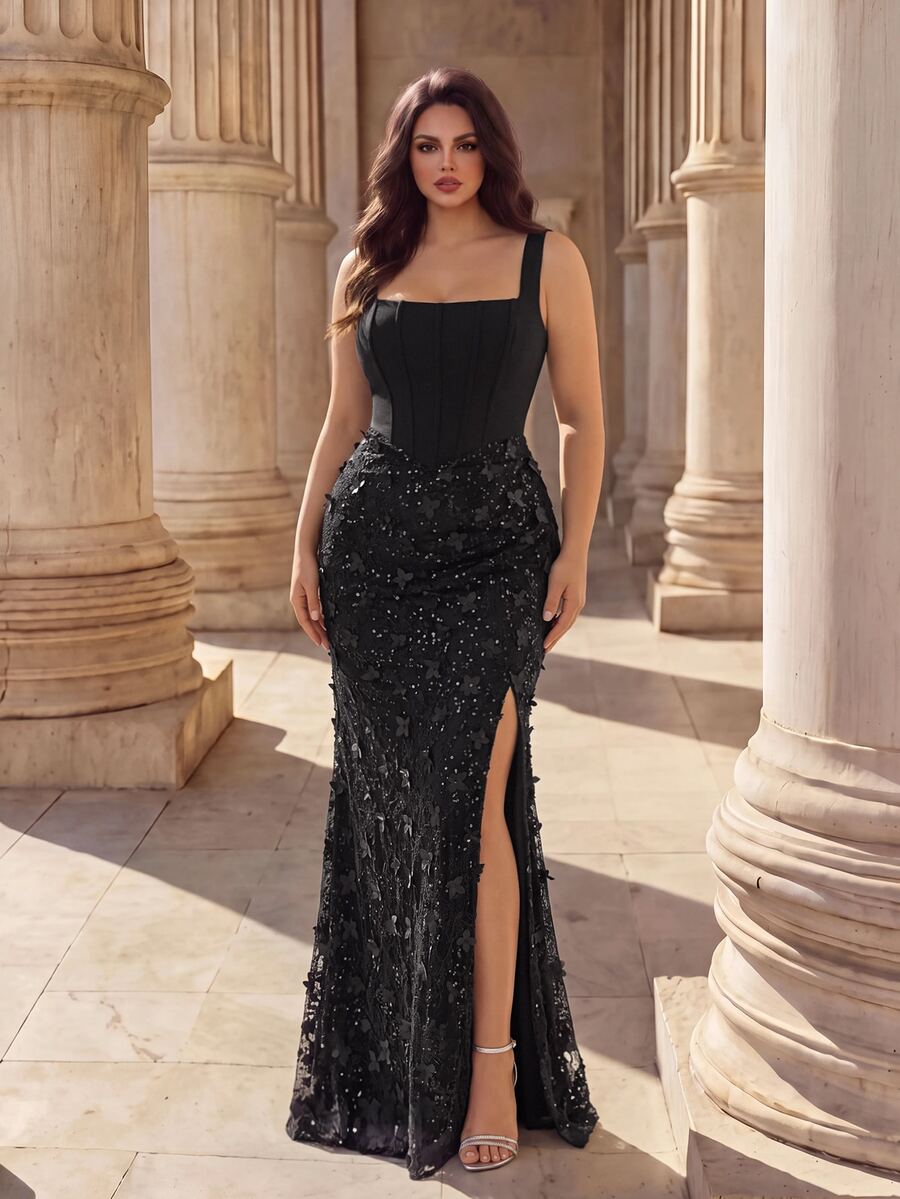 Coutiva Gaun Malam Formal untuk Tamu Pernikahan, Warna Hitam, Elegan, untuk Musim Gugur, Ukuran Plus, Bordir Manik-Manik, Patchwork, Benang Pintal, Model Usang, Tali Bahu Lebar, Belahan Samping Panjang - Hitam - View 1
