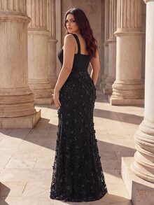 Coutiva Gaun Malam Formal untuk Tamu Pernikahan, Warna Hitam, Elegan, untuk Musim Gugur, Ukuran Plus, Bordir Manik-Manik, Patchwork, Benang Pintal, Model Usang, Tali Bahu Lebar, Belahan Samping Panjang - Hitam - View 2