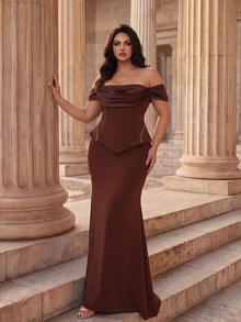 Coutiva Plus Size Women Off-Shoulder Pleated Design Mermaid Hem Elegant Formal Evening Gown - Coffee Brown - View 5