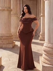Coutiva Plus Size Women Off-Shoulder Pleated Design Mermaid Hem Elegant Formal Evening Gown - Coffee Brown - View 4