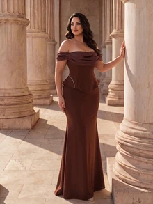 Coutiva Plus Size Women Off-Shoulder Pleated Design Mermaid Hem Elegant Formal Evening Gown - Coffee Brown - View 6