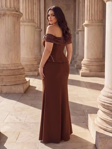 Coutiva Plus Size Women Off-Shoulder Pleated Design Mermaid Hem Elegant Formal Evening Gown - Coffee Brown - View 2